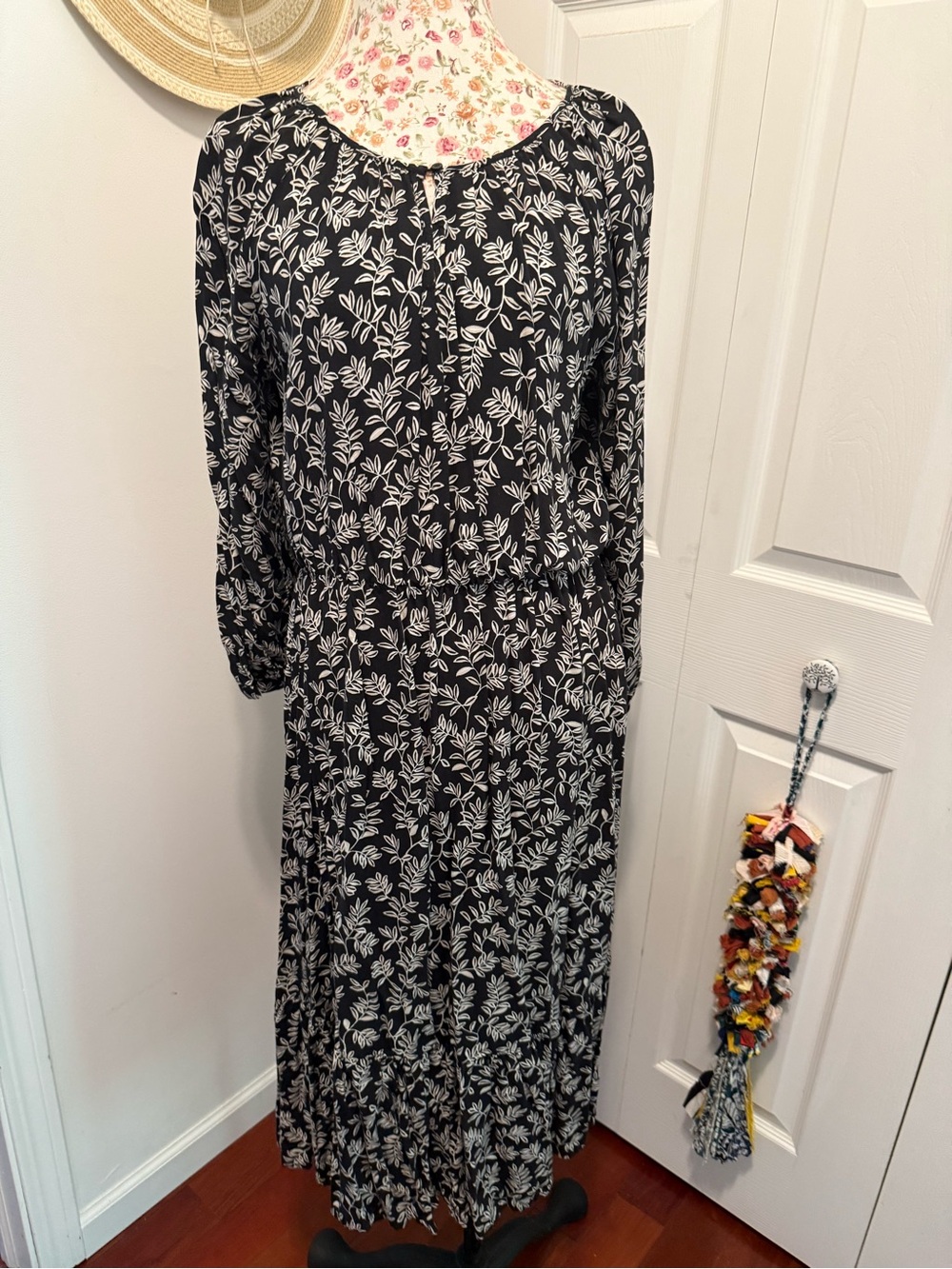 Old Navy Black Maxi Dress with White Leaf Print